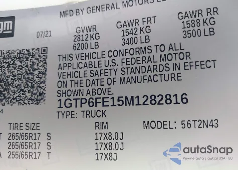 2021 GMC Canyon 4Wd Short Box At4 - Cloth из США, поврежденный, VIN 1GTP6FE15M1282816